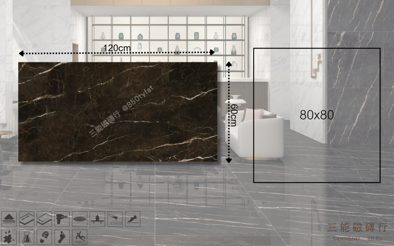 新世紀大理石-金鑲玉磁磚，冠軍磁磚 DA9007 型號，米金色底搭配金白石紋雲彩質感，三能磁磚行