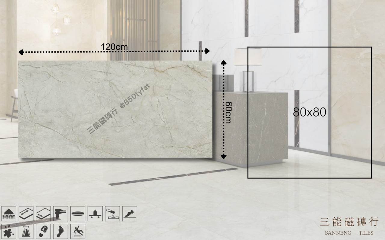 新世紀大理石-比薩灰磁磚，冠軍磁磚 DA9010 型號，淺灰大理石紋理搭配深金色裂紋層次質感，三能磁磚行