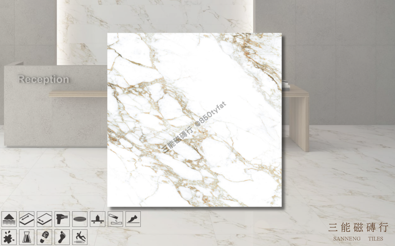 新世紀大理石-卡拉卡塔金磁磚，冠軍磁磚 DA9033 型號，白底金灰紋理呈現義大利石材高雅質感，三能磁磚行