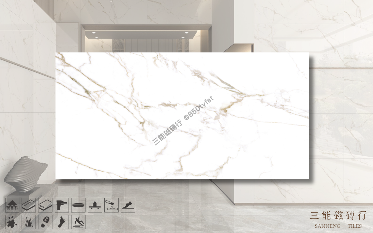 新世紀大理石-金絲雕刻白磁磚，冠軍磁磚 DA61249 型號，純白基底搭配金絲細紋紋理，展現優雅現代空間質感，三能磁磚行