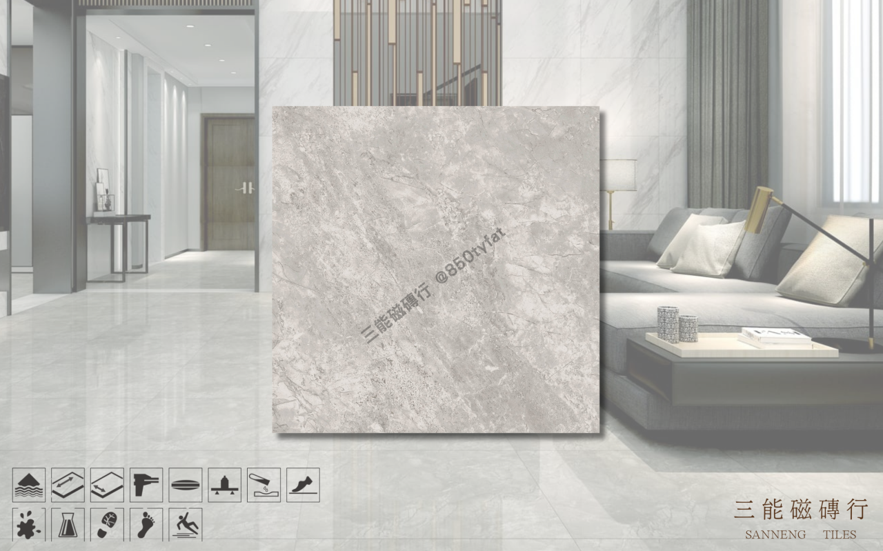 全新大理石-香奈灰磁磚，冠軍磁磚 DA6026 型號，柔霧灰色調搭配細緻礦石紋理，展現現代優雅質感，三能磁磚行