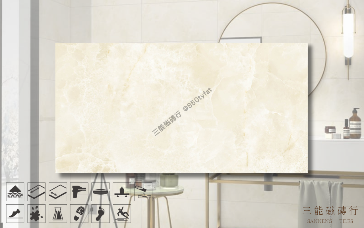 絲柔大理石系列磁磚，金絲白玉色款，溫潤米白底搭配細緻金色紋理，呈現高雅明亮質感，三能磁磚行